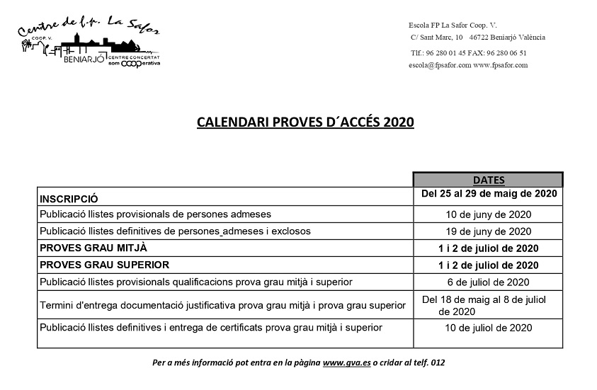 Calendari proves d´accéss 2020