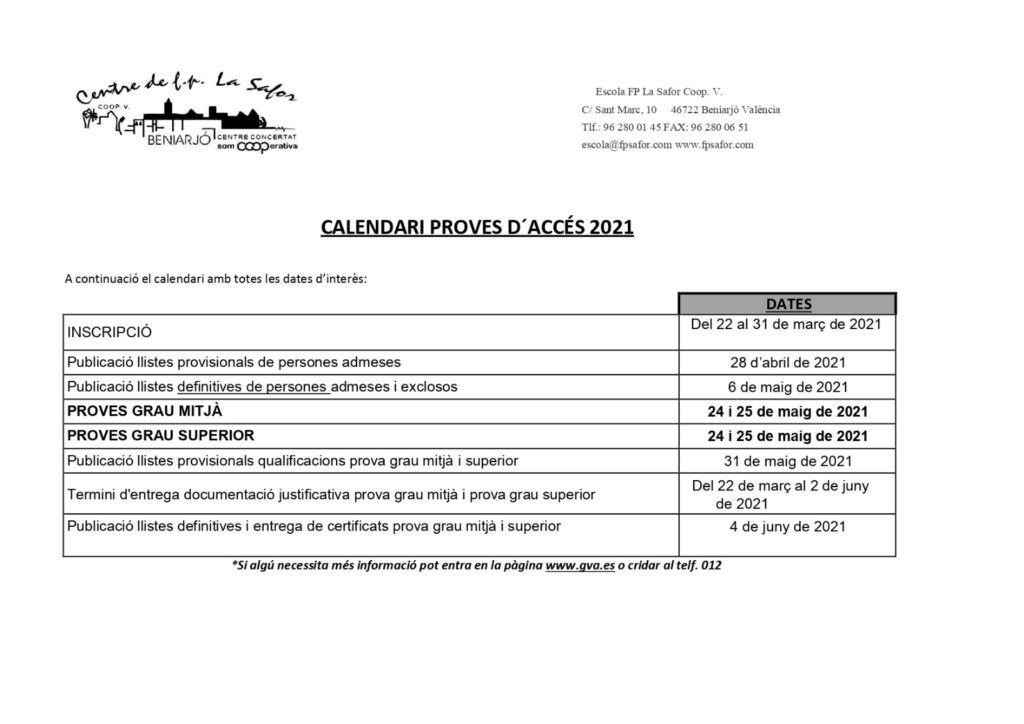 Calendari proves d´accés 2021 Grau Mitjà i Grau Superior