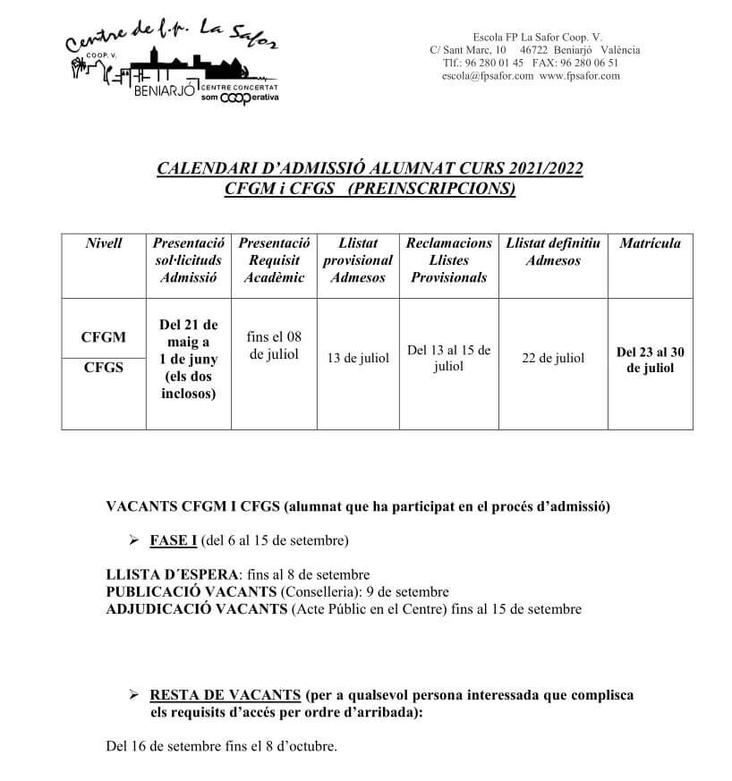 Calendari Admisió Curs 2021-2022 CFGM i CFGS