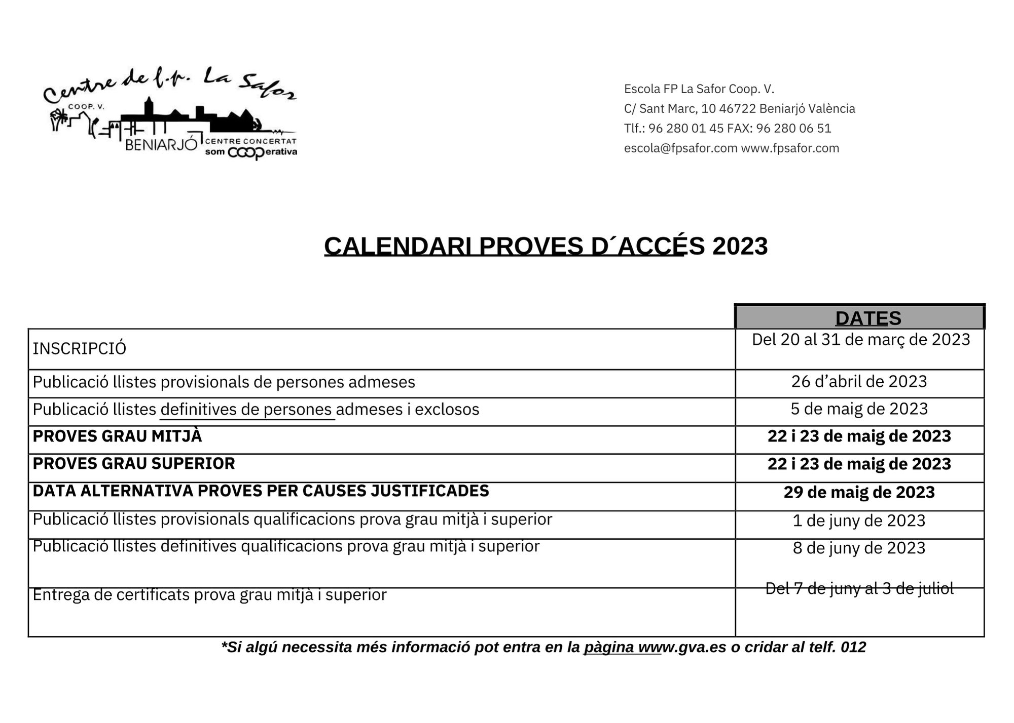 calendari proves d'access fp safor 2023