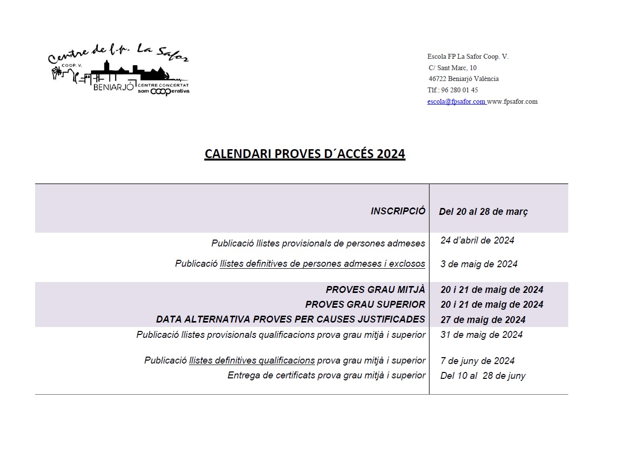 Calendari proves dacces FP La Safor 24-25