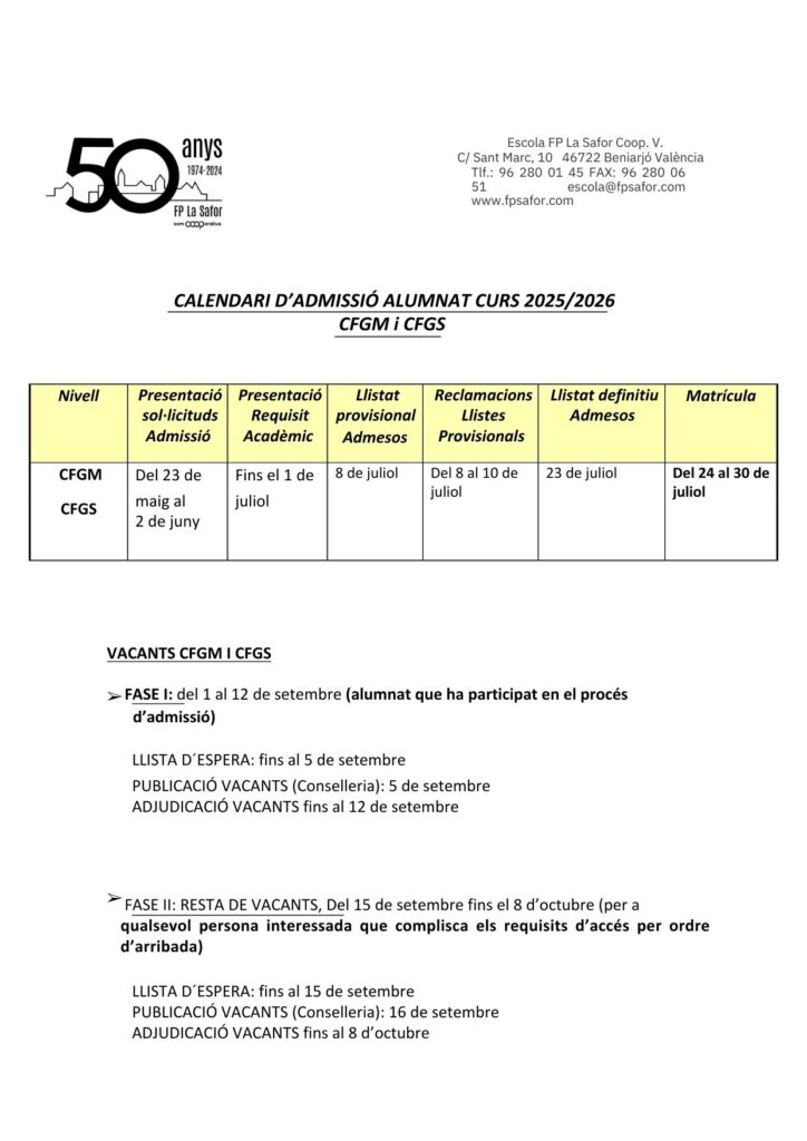 Calendari admisio Fp la safor 2025 - 2026