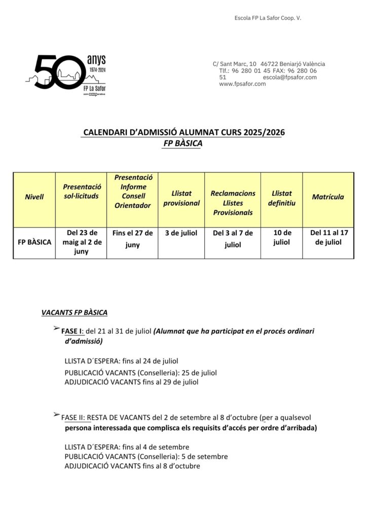 Calendari admisio Fp la safor 2025 - 2026